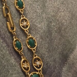 Vintage Goldette Gold W/ Green Jade And Crystals Necklace